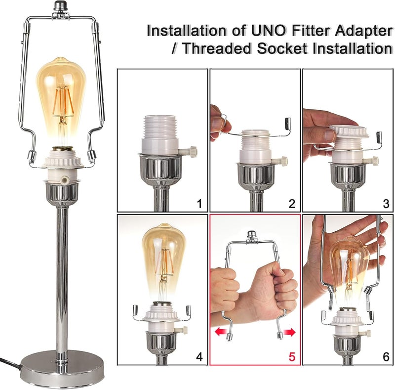 EMNOOTI 7 8 9 10 inch Lamp Shade Harp Holder,Adjustable Lamp Harp Kit,Fit Both Standard Lamp Rod and E26 Light Base UNO Fitter Adapter,with 2 Shade Attaching Finial Top (Silver Color - 2 Set) - Image 4